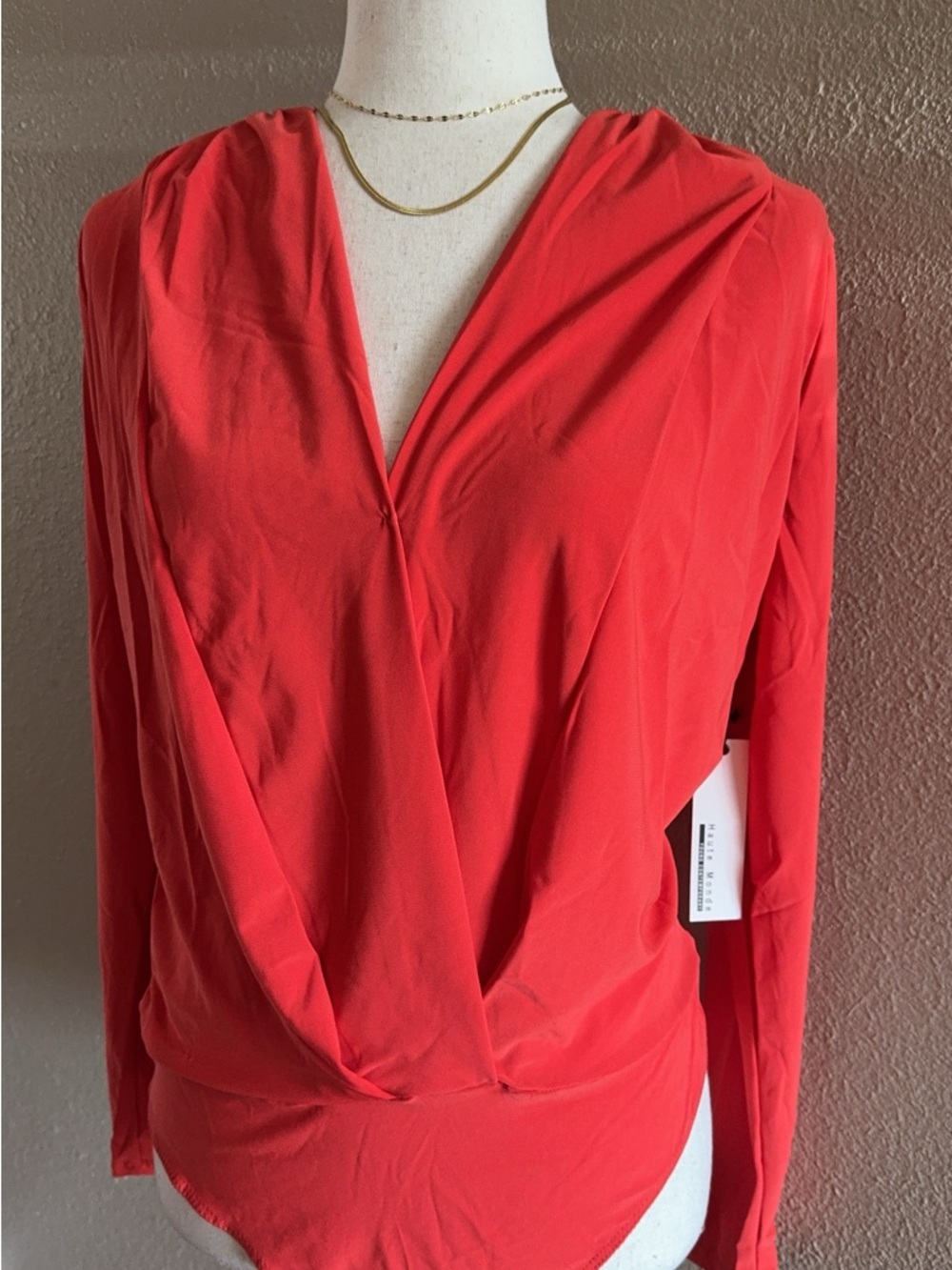 V-Neck Long Sleeve Wrap Bodysuit in Coral Red - Picture 4 of 12